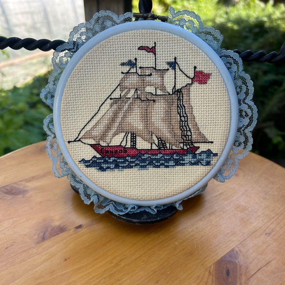 Vintage Sailing Ship Cross Stitch Hoop Art Small Blue Lace Nautical MCM Handmade